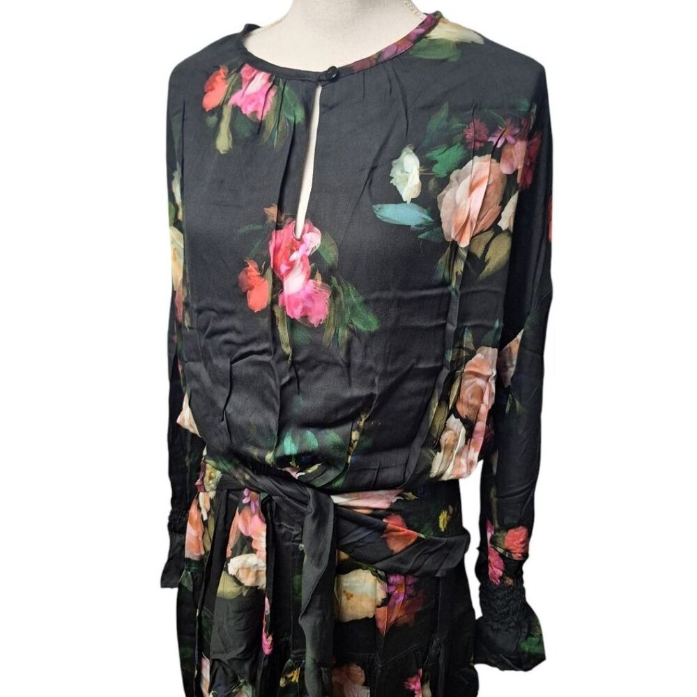 Finley Wrap Belt Dress Black Floral Long Sleeve Lightweight Women Small Tie Wais - Picture 4 of 12